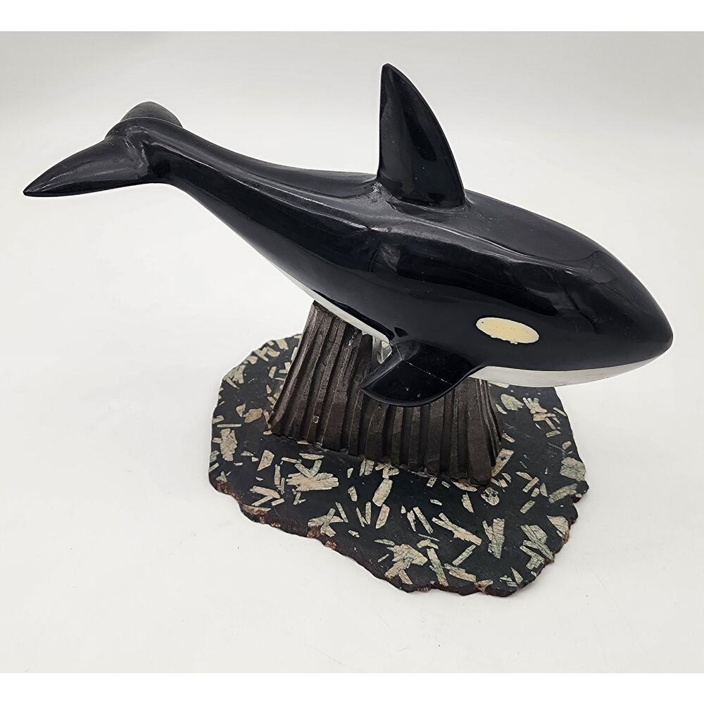 Vintage Onyx Tellez Black Puebla Mexico Orca Whale Sculpture Killer Whale 12"x8"